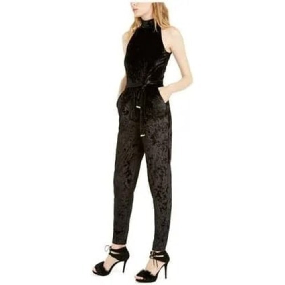 MICHAEL KORS Women's Black Halter Neck Velvet Belted Jumpsuit XXL NWT Logo Belt